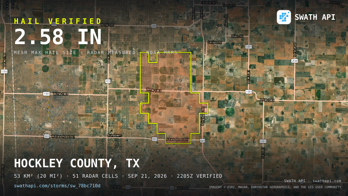 Storm card: 1.2–2.6" hail crossed Hockley County, TX — September 21, 2026