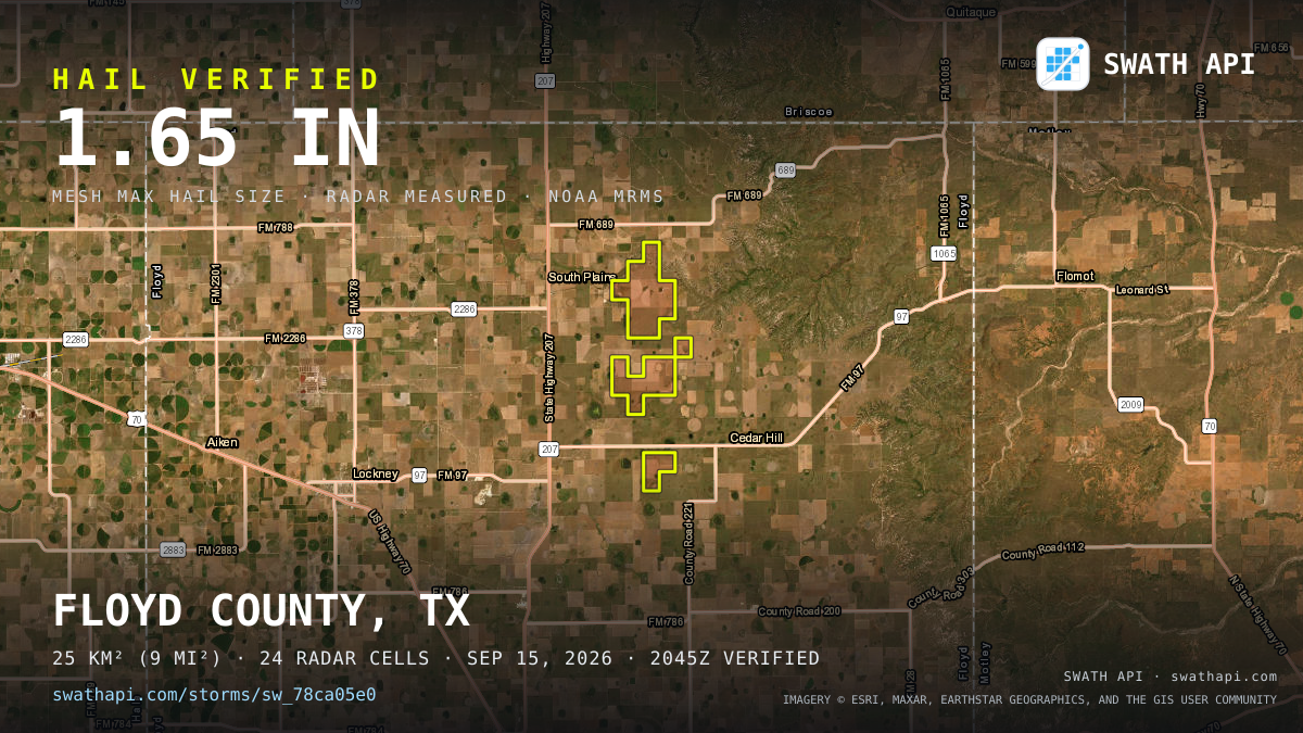 Storm card: 1.1–1.7" hail crossed Floyd County, TX — September 15, 2026