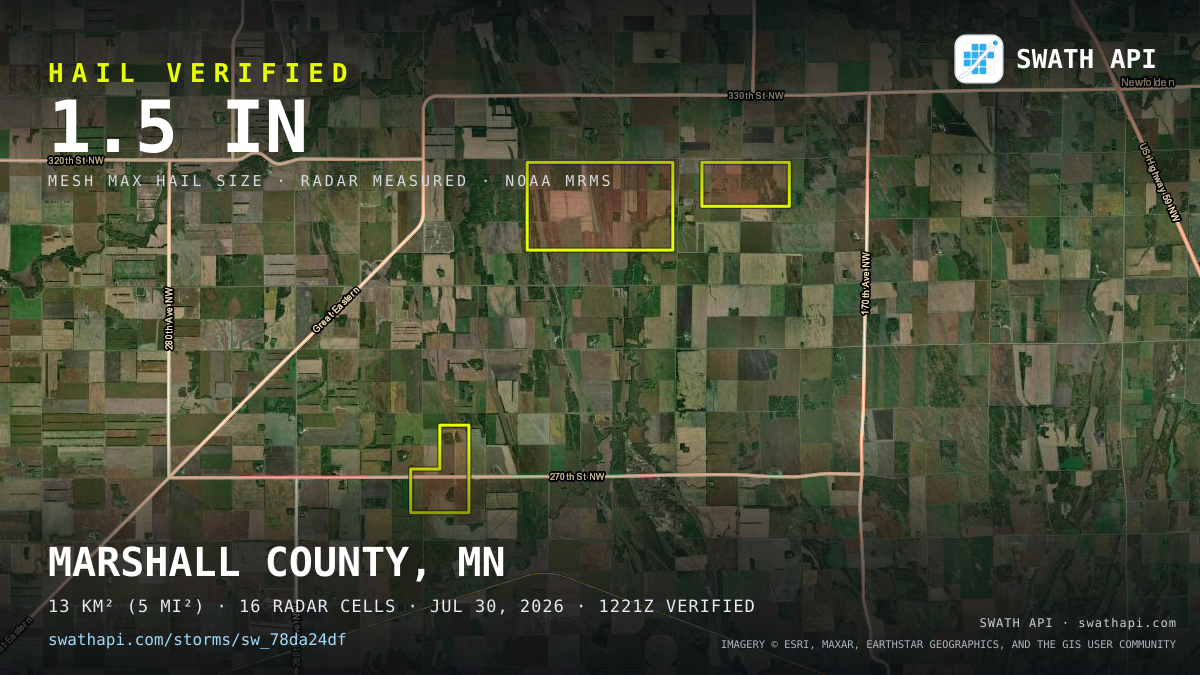 Storm card: 1–1.5" hail crossed Marshall County, MN — July 30, 2026