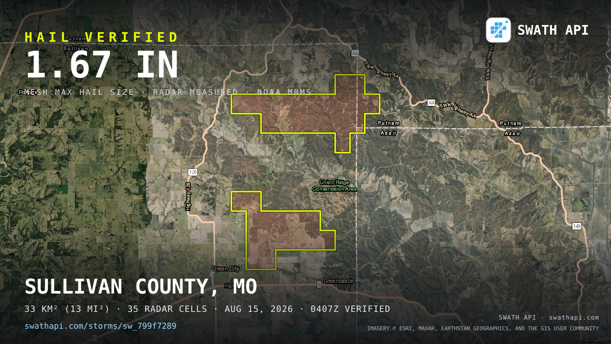Storm card: 1.2–1.7" hail crossed Sullivan County, MO — August 15, 2026
