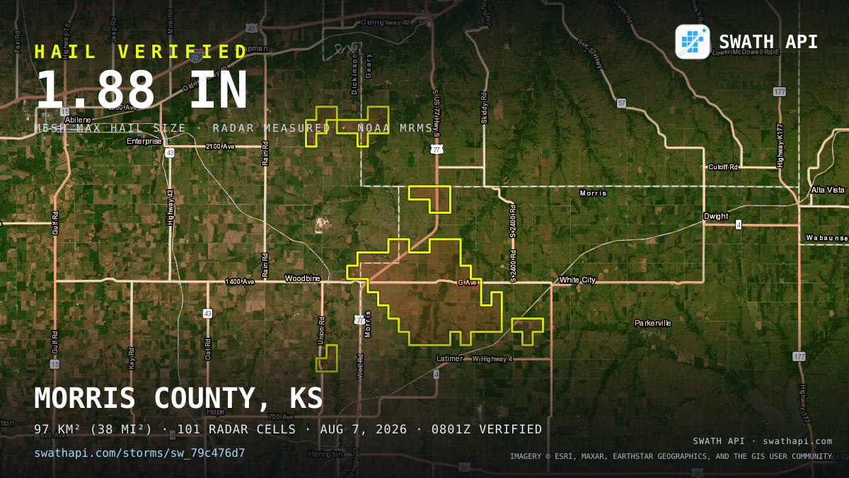 Storm card: 1.1–1.9" hail crossed Morris County, KS — August 7, 2026