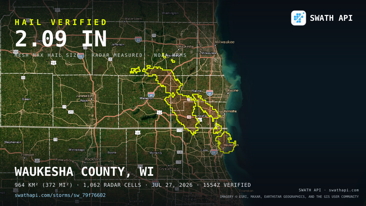 Storm card: 1.3–2.1" hail crossed Kenosha County, WI — July 27, 2026