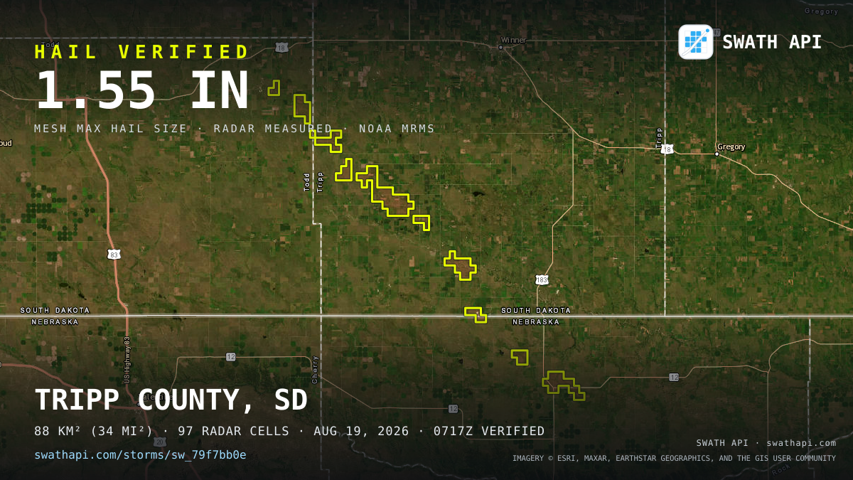 Storm card: 1.2–1.6" hail crossed Tripp County, SD — August 19, 2026