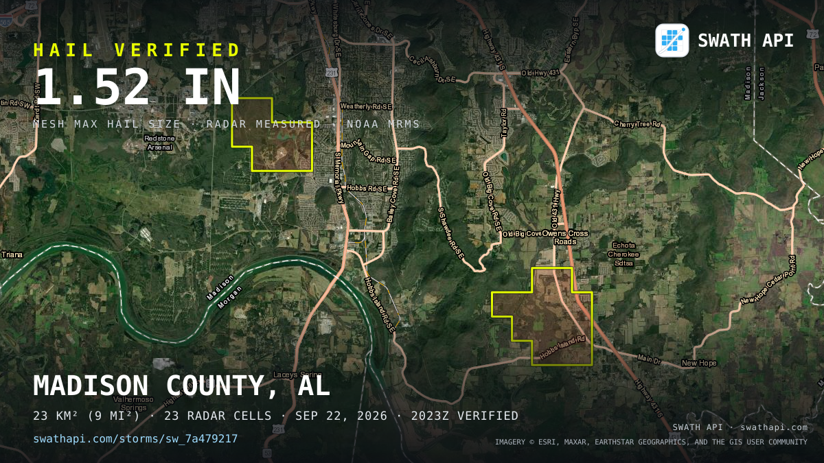Storm card: 1.2–1.5" hail crossed Madison County, AL — September 22, 2026