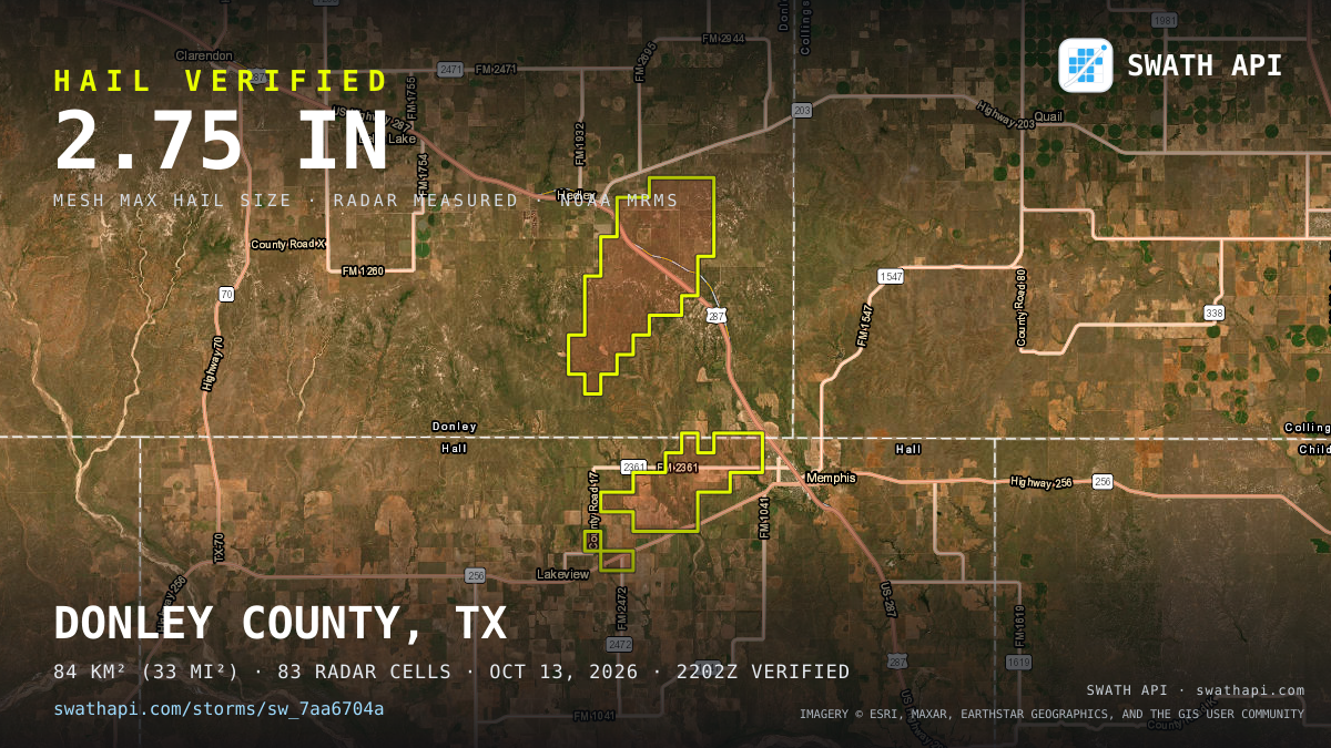 Storm card: 1.2–3.4" hail crossed Collingsworth County, TX — October 13, 2026