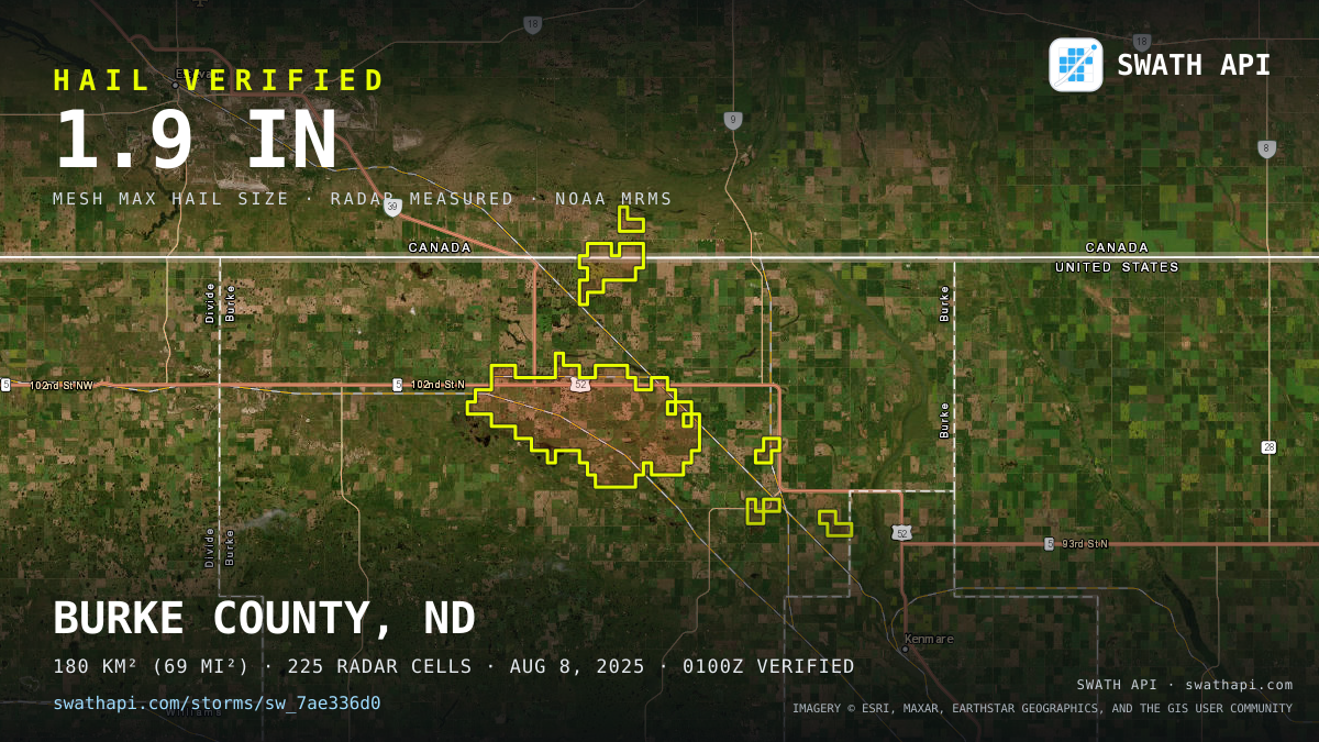 Storm card: 1.1–1.9" hail crossed Burke County, ND — August 8, 2025