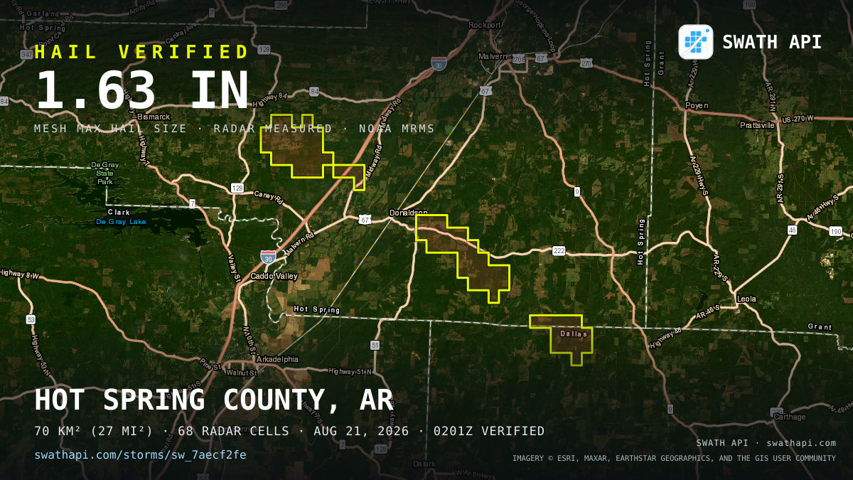 Storm card: 1.3–1.6" hail crossed Hot Spring County, AR — August 21, 2026