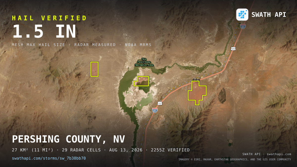 Storm card: 1.1–1.5" hail crossed Pershing County, NV — August 13, 2026