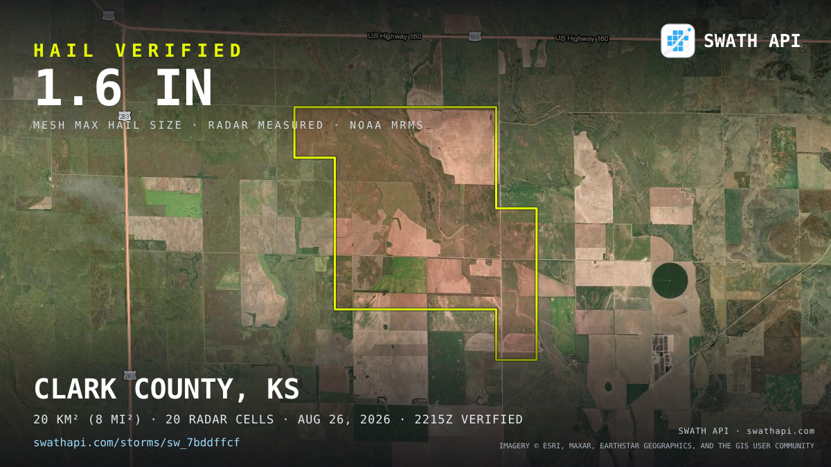 Storm card: 1.2–1.6" hail crossed Clark County, KS — August 26, 2026