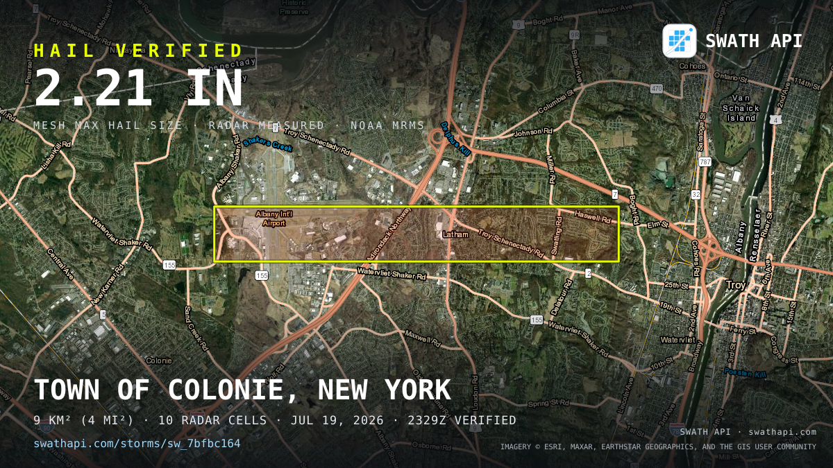 Storm card: 1.9–2.2" hail crossed Albany County, NY — July 19, 2026
