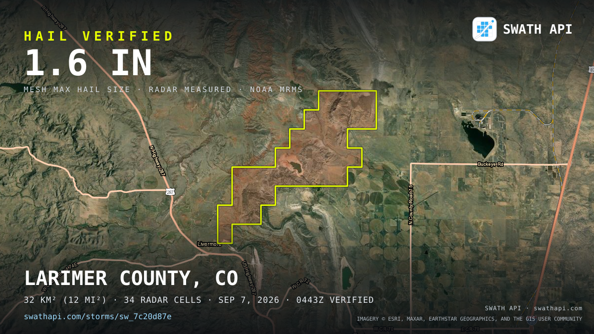 Storm card: 1.1–1.6" hail crossed Larimer County, CO — September 7, 2026