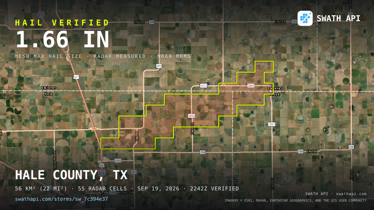 Storm card: 1.1–1.7" hail crossed Hale County, TX — September 19, 2026