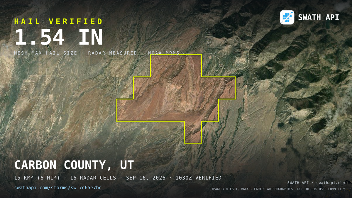 Storm card: 1.3–1.5" hail crossed Carbon County, UT — September 16, 2026
