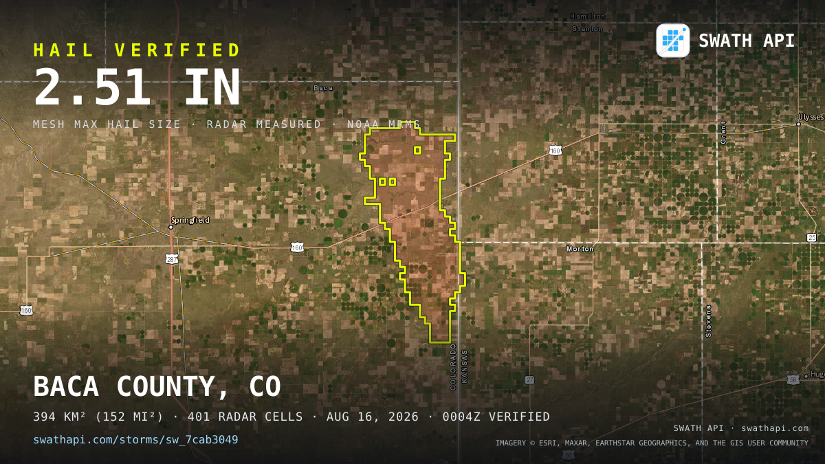 Storm card: 1.4–2.5" hail crossed Baca County, CO — August 16, 2026