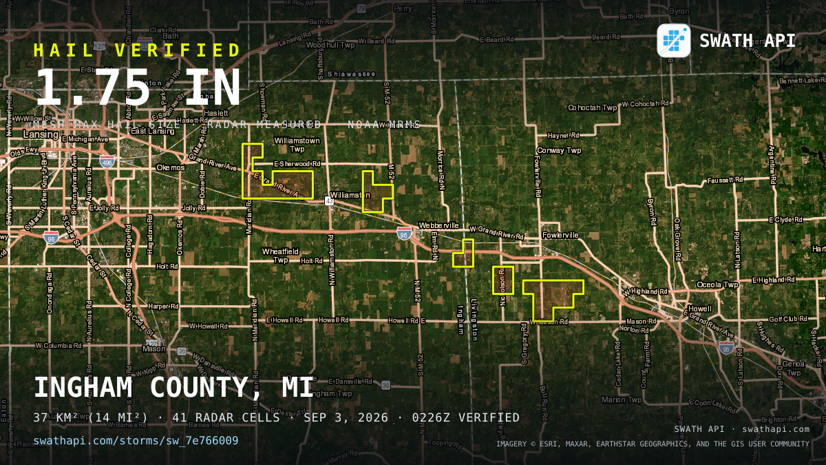 Storm card: 1.1–1.8" hail crossed Ingham County, MI — September 3, 2026