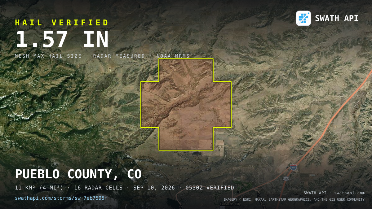 Storm card: 1.3–3.3" hail crossed Huerfano County, CO — September 10, 2026