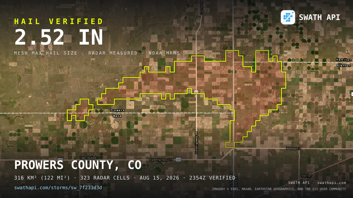 Storm card: 1.1–2.5" hail crossed Prowers County, CO — August 15, 2026