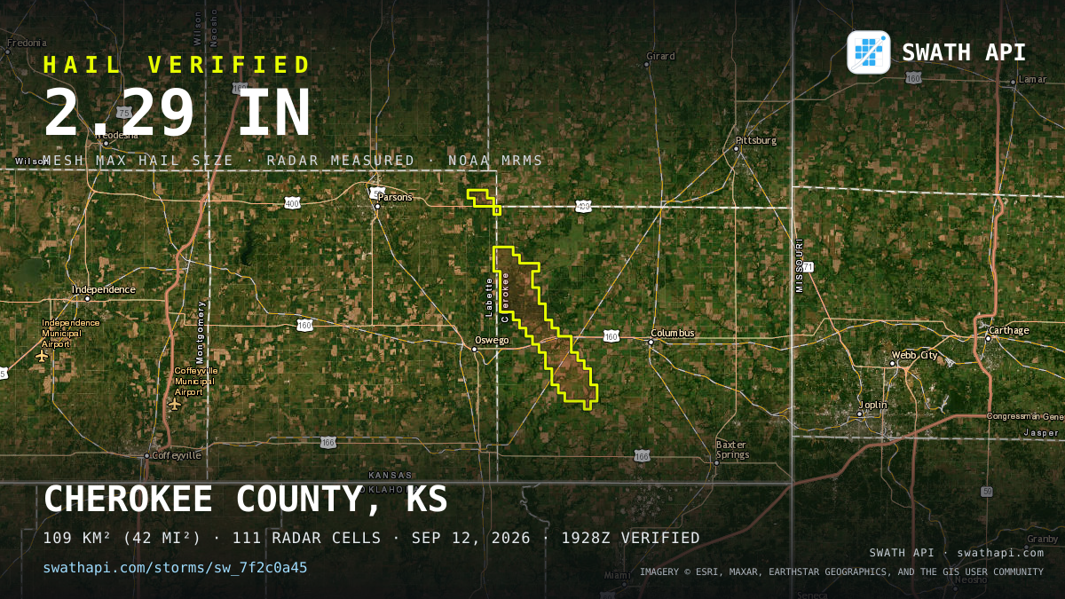 Storm card: 1.3–2.3" hail crossed Cherokee County, KS — September 12, 2026