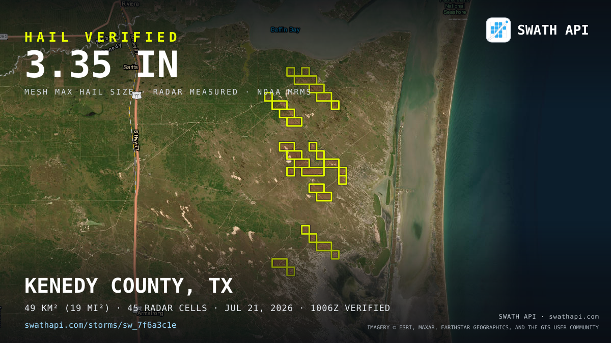 Storm card: 1.2–3.4" hail crossed Kenedy County, TX — July 21, 2026