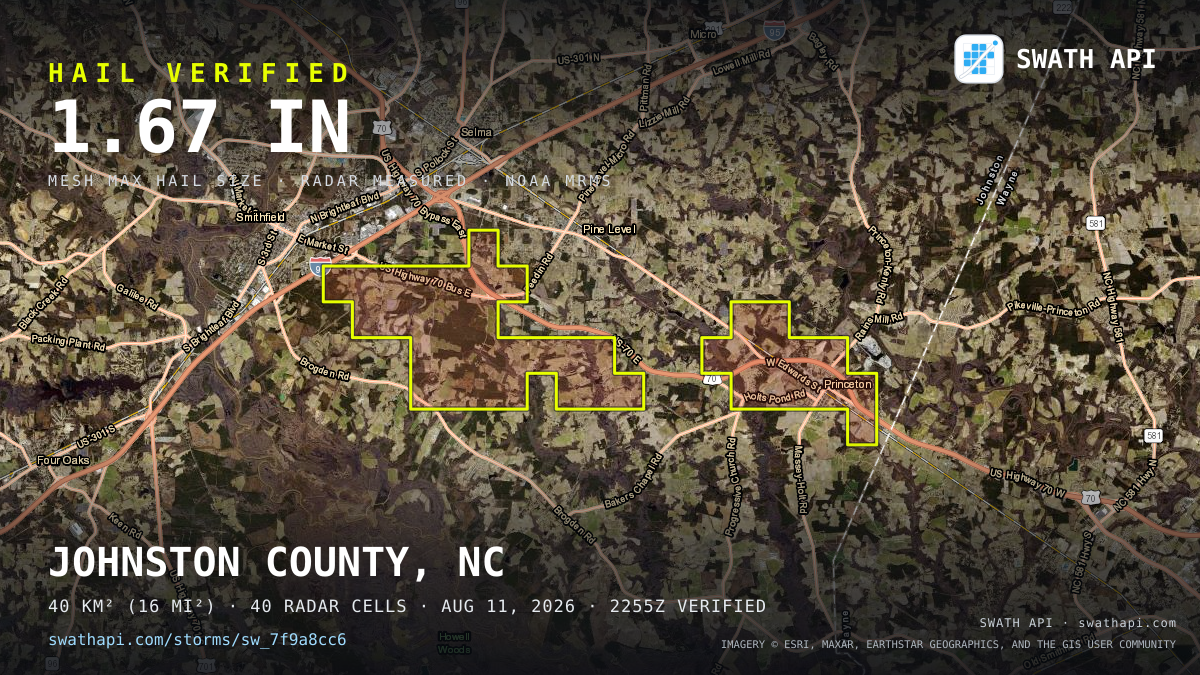 Storm card: 1.2–1.7" hail crossed Johnston County, NC — August 11, 2026