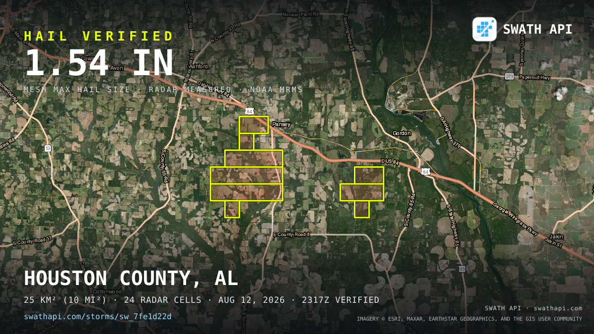 Storm card: 1.1–1.5" hail crossed Houston County, AL — August 12, 2026