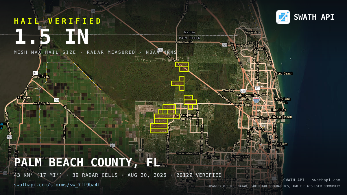 Storm card: 1.2–1.5" hail crossed Palm Beach County, FL — August 20, 2026