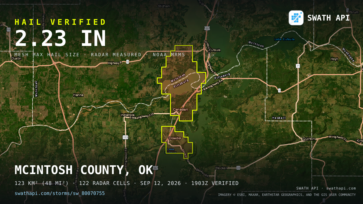 Storm card: 1.1–2.2" hail crossed Pittsburg County, OK — September 12, 2026