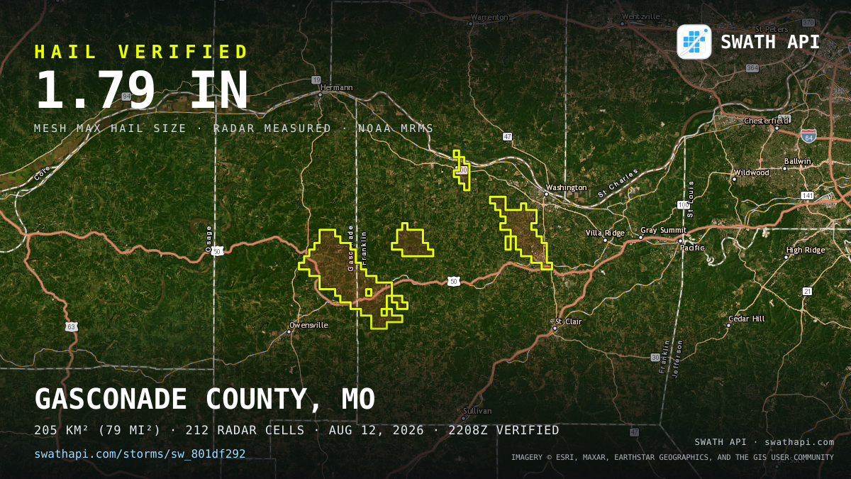 Storm card: 1.1–1.8" hail crossed Franklin County, MO — August 12, 2026