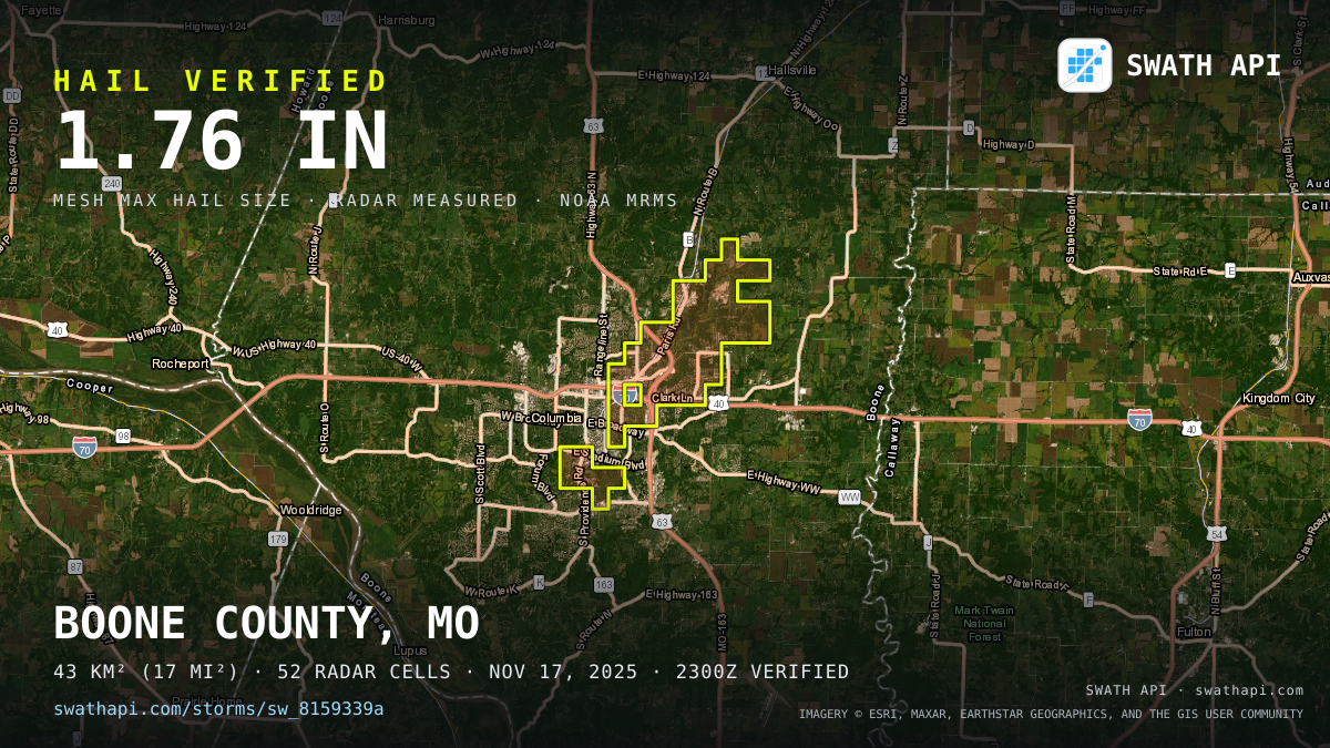 Storm card: 1.2–1.8" hail crossed Boone County, MO — November 17, 2025