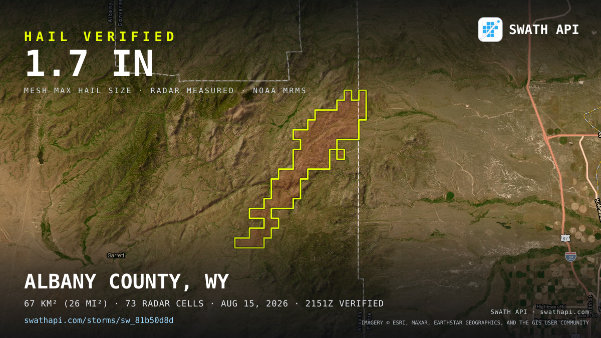 Storm card: 1.2–1.7" hail crossed Albany County, WY — August 15, 2026