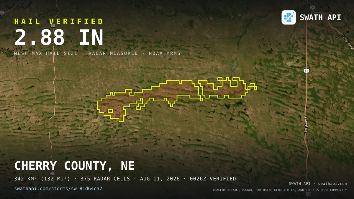 Storm card: 1.1–2.9" hail crossed Cherry County, NE — August 11, 2026