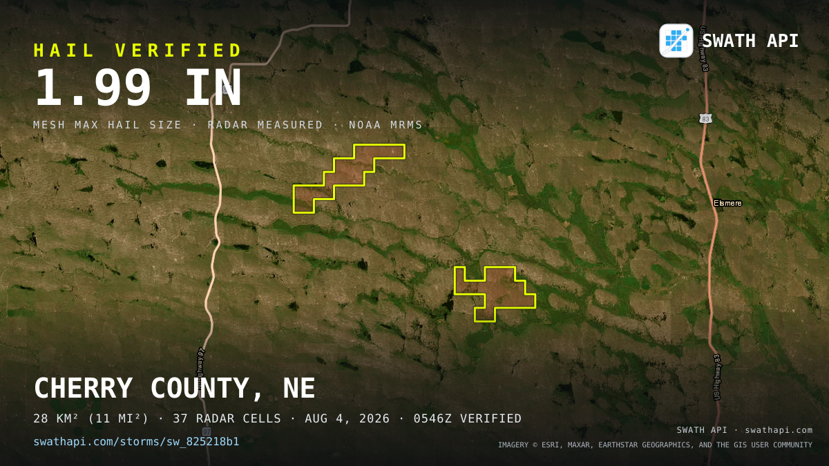 Storm card: 1.2–2.7" hail crossed Cherry County, NE — August 4, 2026