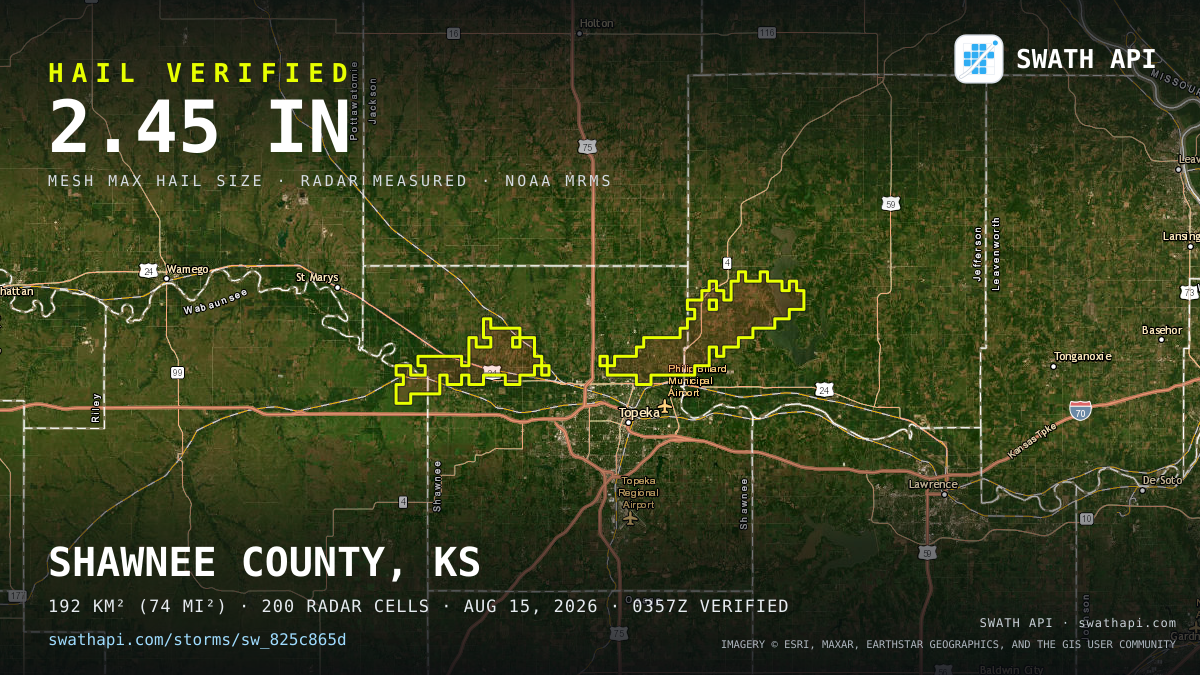 Storm card: 1.3–2.5" hail crossed Shawnee County, KS — August 15, 2026