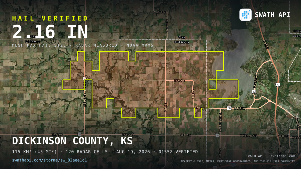Storm card: 1.2–2.2" hail crossed Dickinson County, KS — August 19, 2026