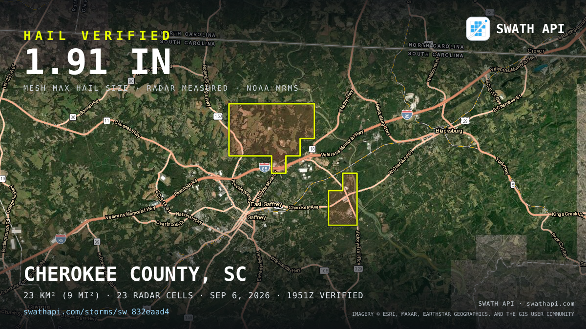 Storm card: 1.1–1.9" hail crossed Cherokee County, SC — September 6, 2026