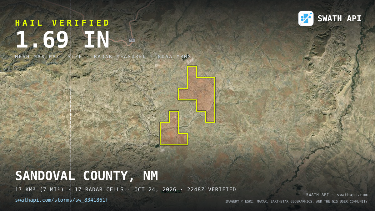 Storm card: 1.2–1.7" hail crossed Sandoval County, NM — October 24, 2026