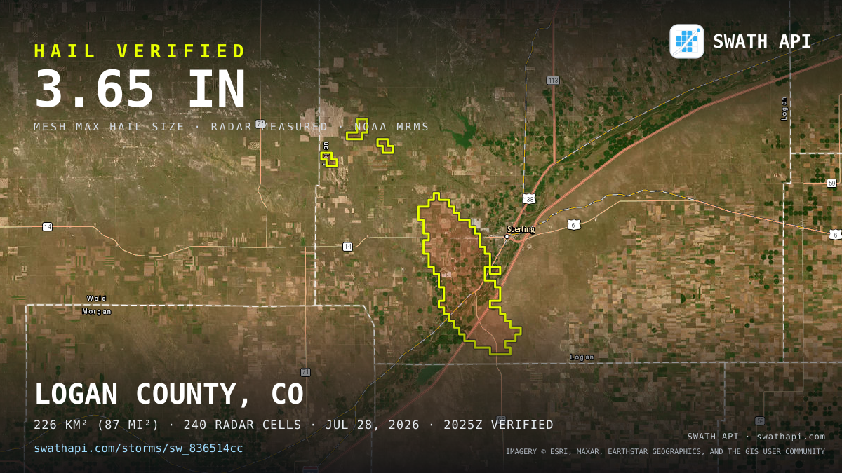 Storm card: 1.5–3.5" hail crossed Logan County, CO — July 28, 2026
