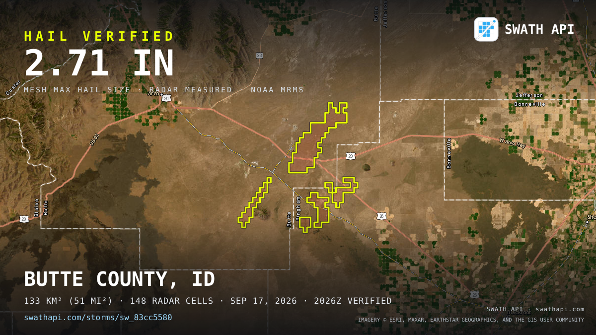 Storm card: 1.3–2.7" hail crossed Butte County, ID — September 17, 2026
