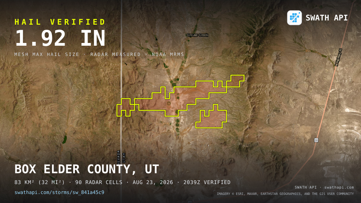Storm card: 1.2–1.9" hail crossed Box Elder County, UT — August 23, 2026