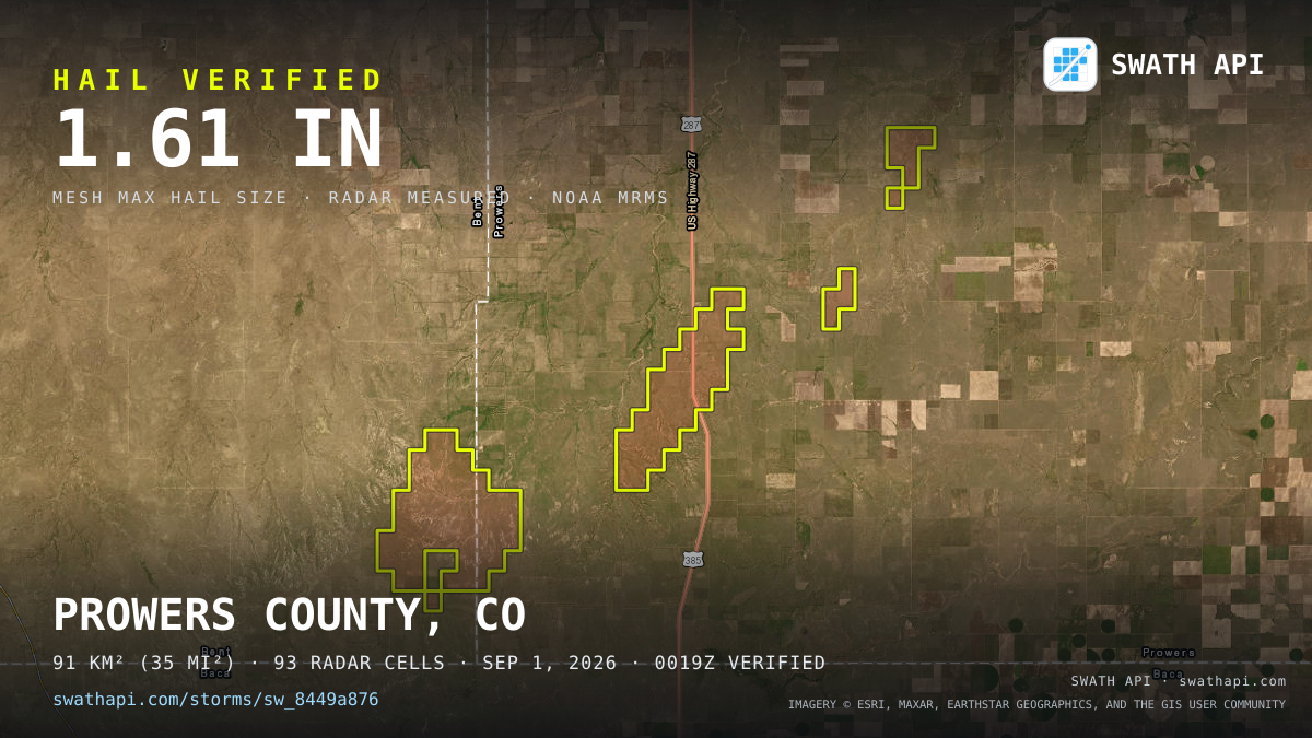 Storm card: 1.2–1.6" hail crossed Prowers County, CO — September 1, 2026