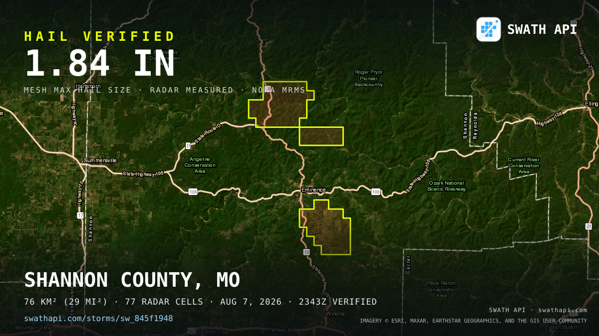 Storm card: 1.2–1.8" hail crossed Shannon County, MO — August 7, 2026