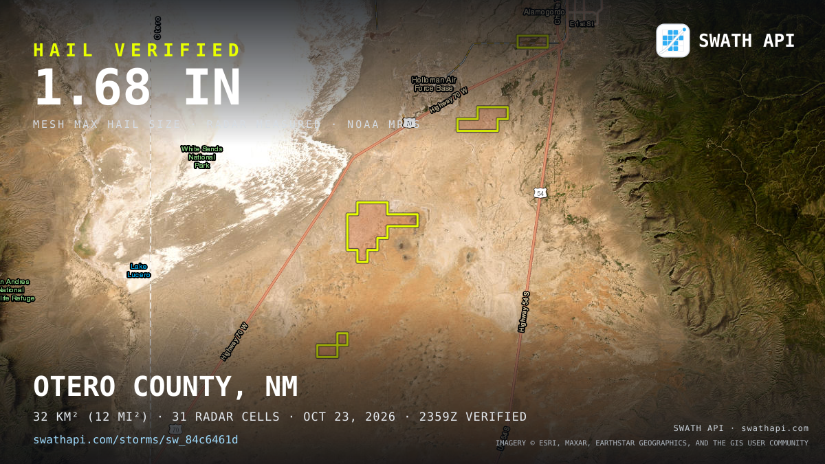 Storm card: 1.1–1.7" hail crossed Otero County, NM — October 23, 2026
