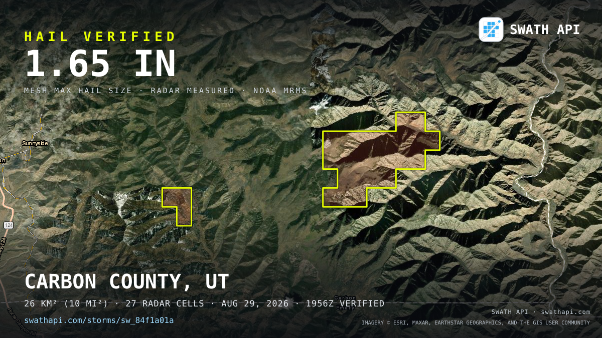 Storm card: 1.4–1.7" hail crossed Carbon County, UT — August 29, 2026