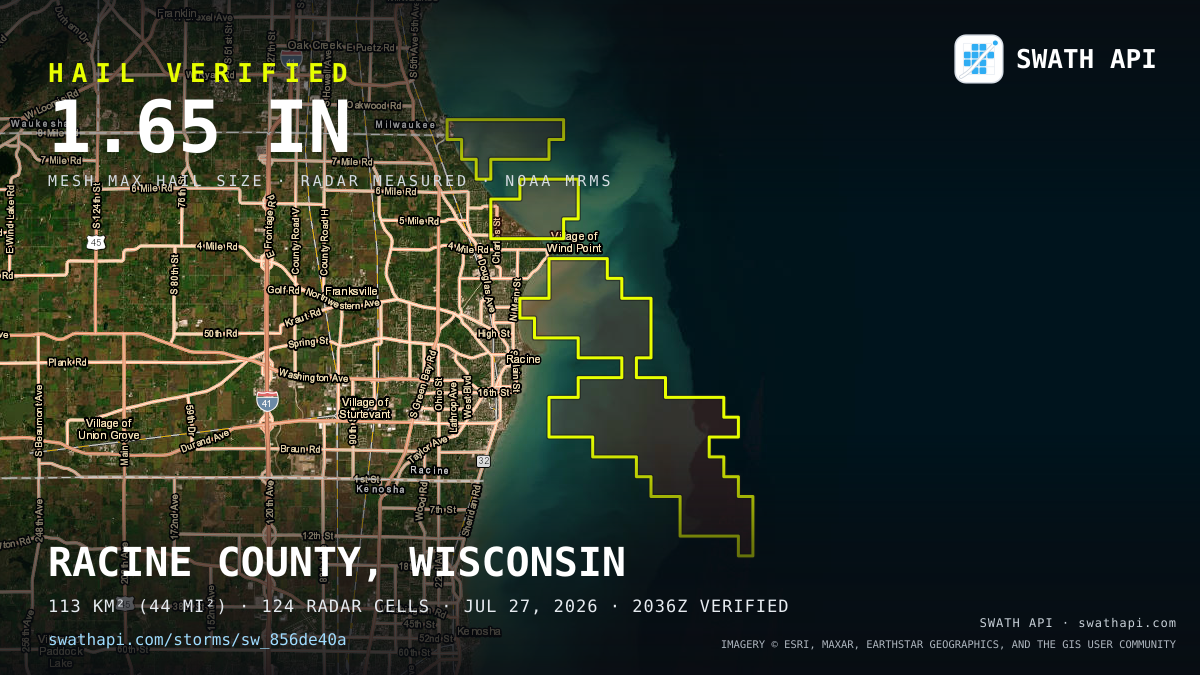 Storm card: 1.1–1.7" hail verified near 42.74, -87.72 — July 27, 2026