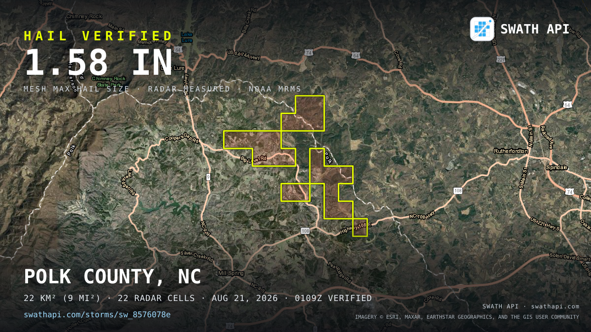 Storm card: 1.1–1.6" hail crossed Polk County, NC — August 21, 2026