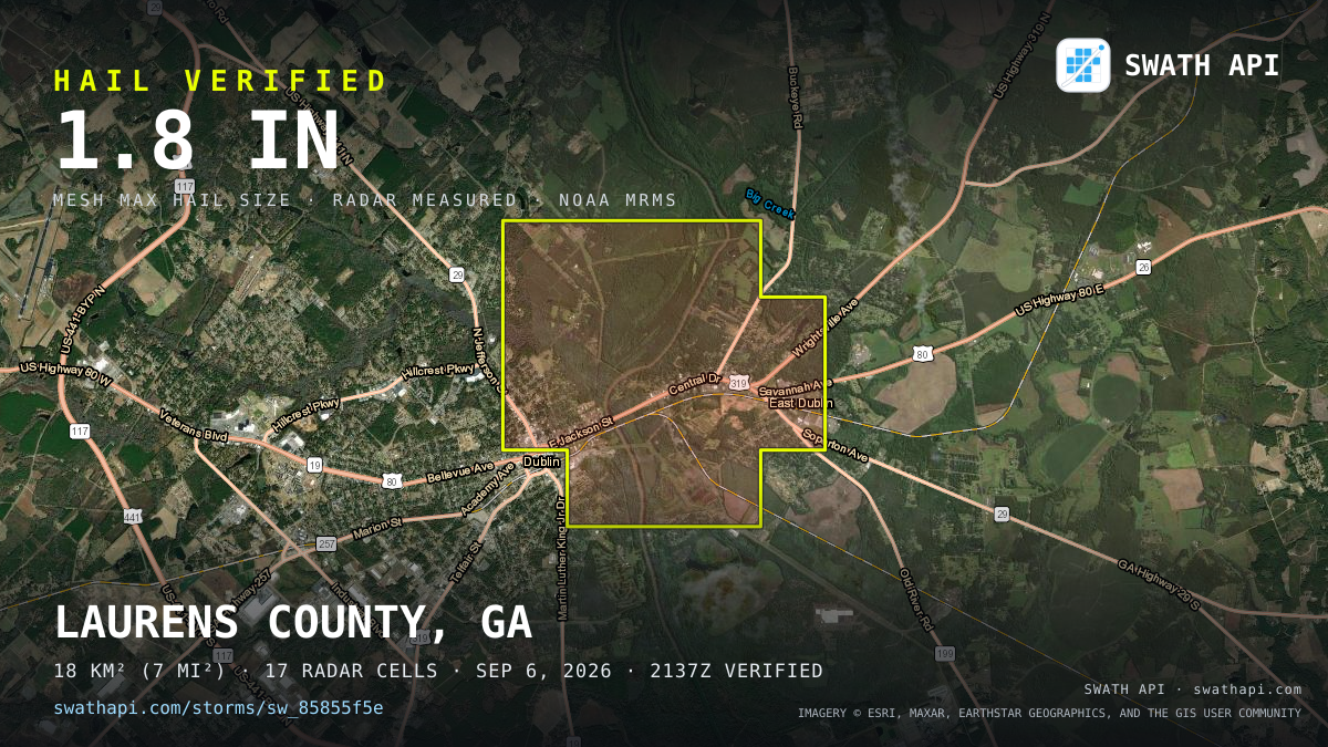 Storm card: 1.2–1.8" hail crossed Laurens County, GA — September 6, 2026