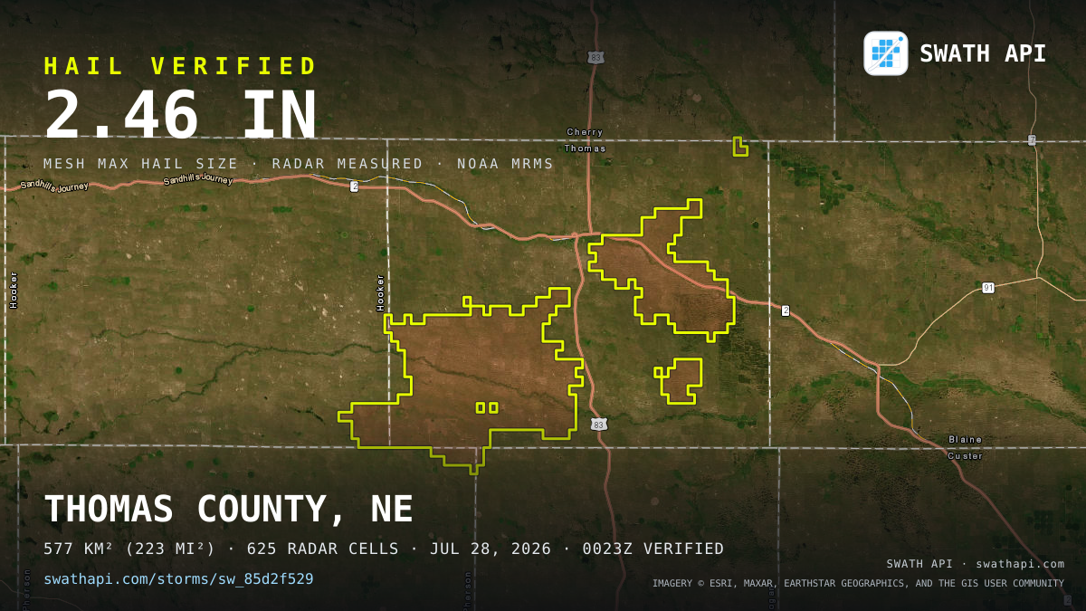 Storm card: 1.2–2.5" hail crossed Thomas County, NE — July 28, 2026