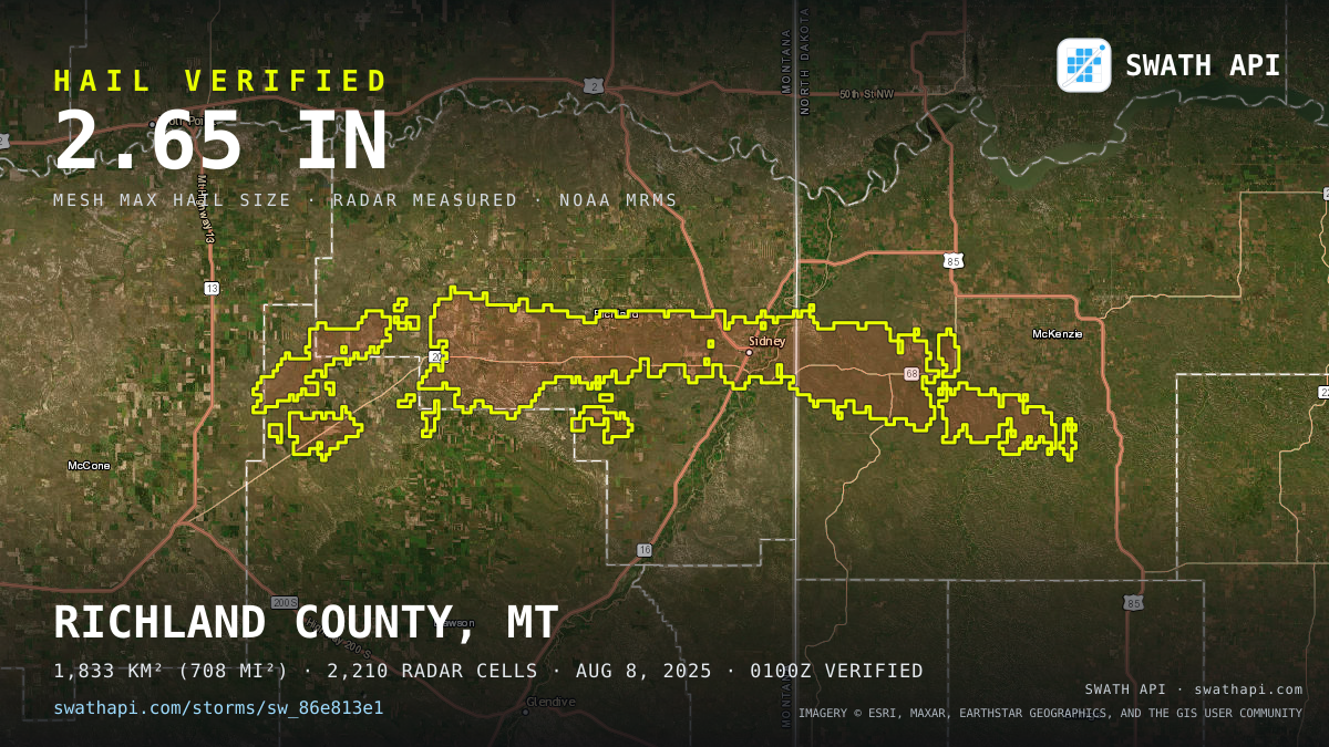 Storm card: 1.1–2.7" hail crossed Richland County, MT — August 8, 2025