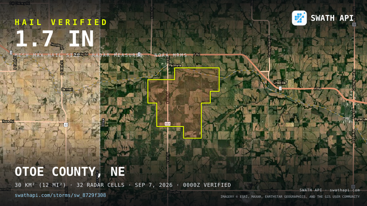 Storm card: 1.2–1.7" hail crossed Otoe County, NE — September 7, 2026
