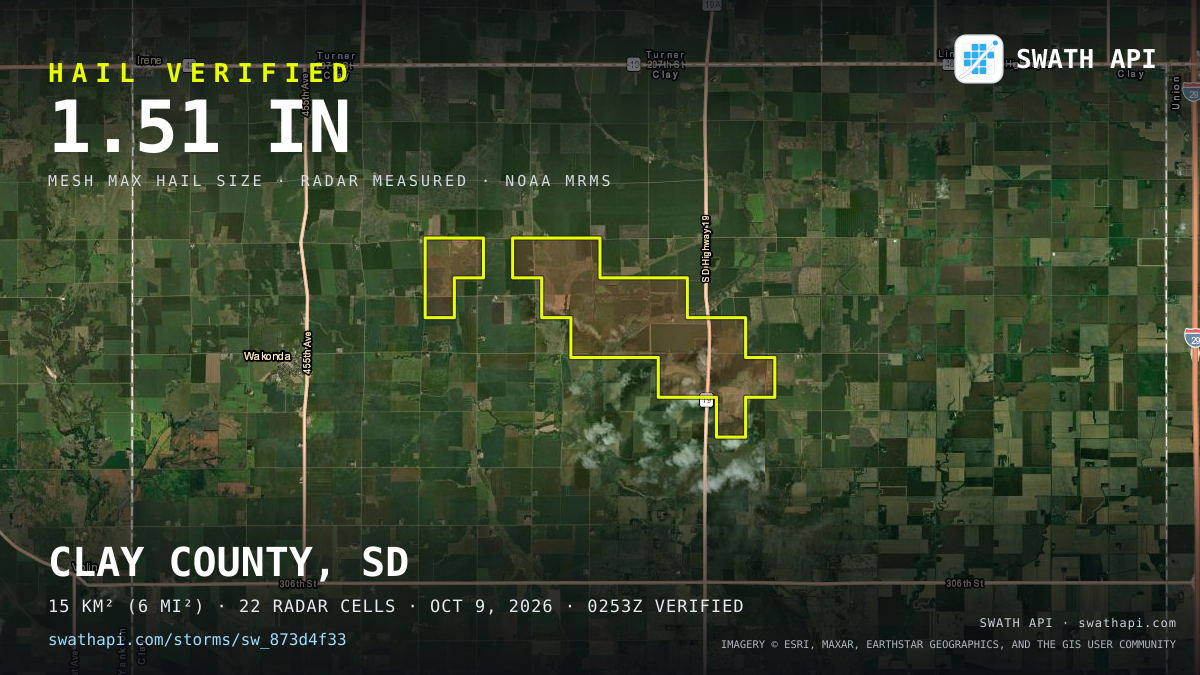 Storm card: 1.1–2.3" hail crossed Union County, SD — October 9, 2026